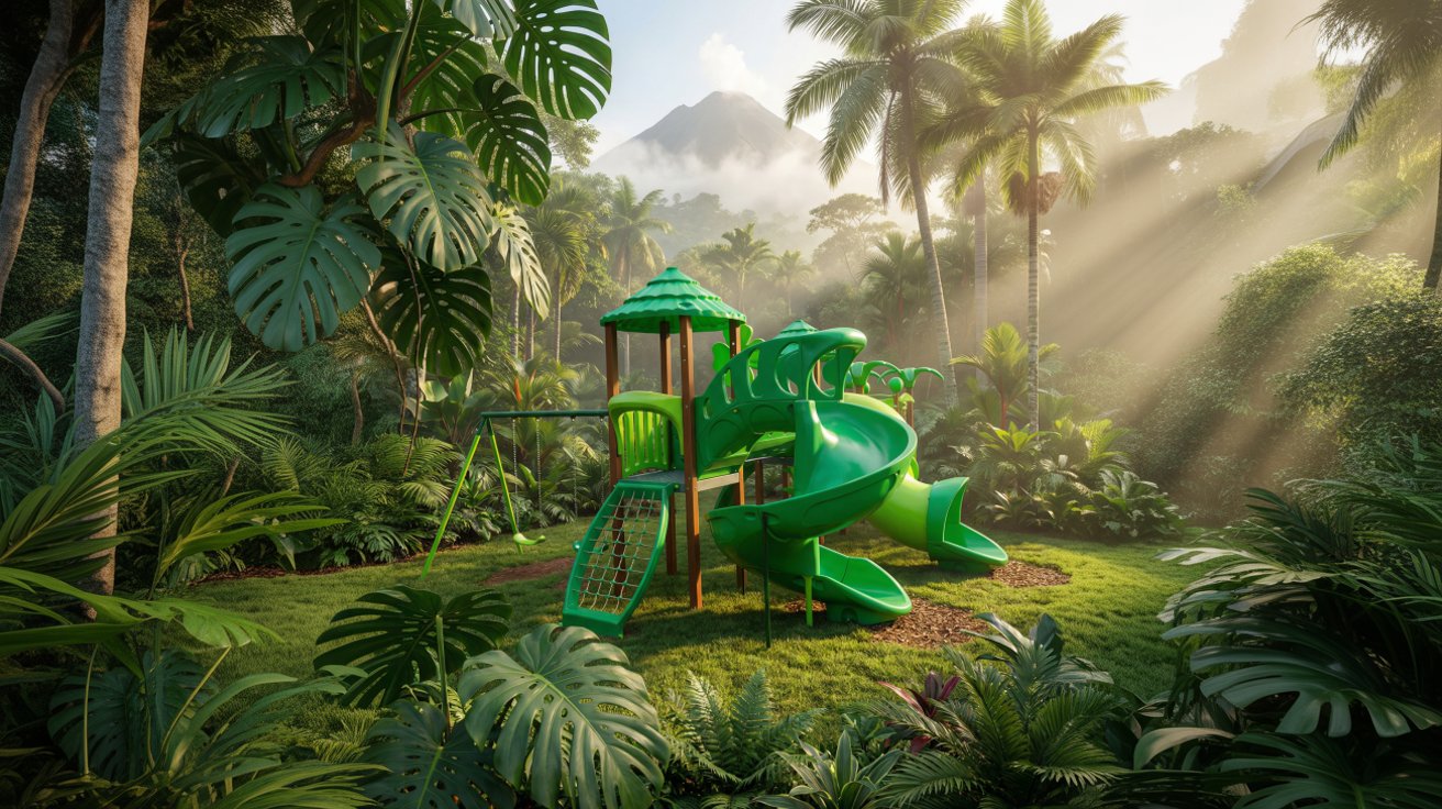 Playground com cores naturais integradas ao paisagismo